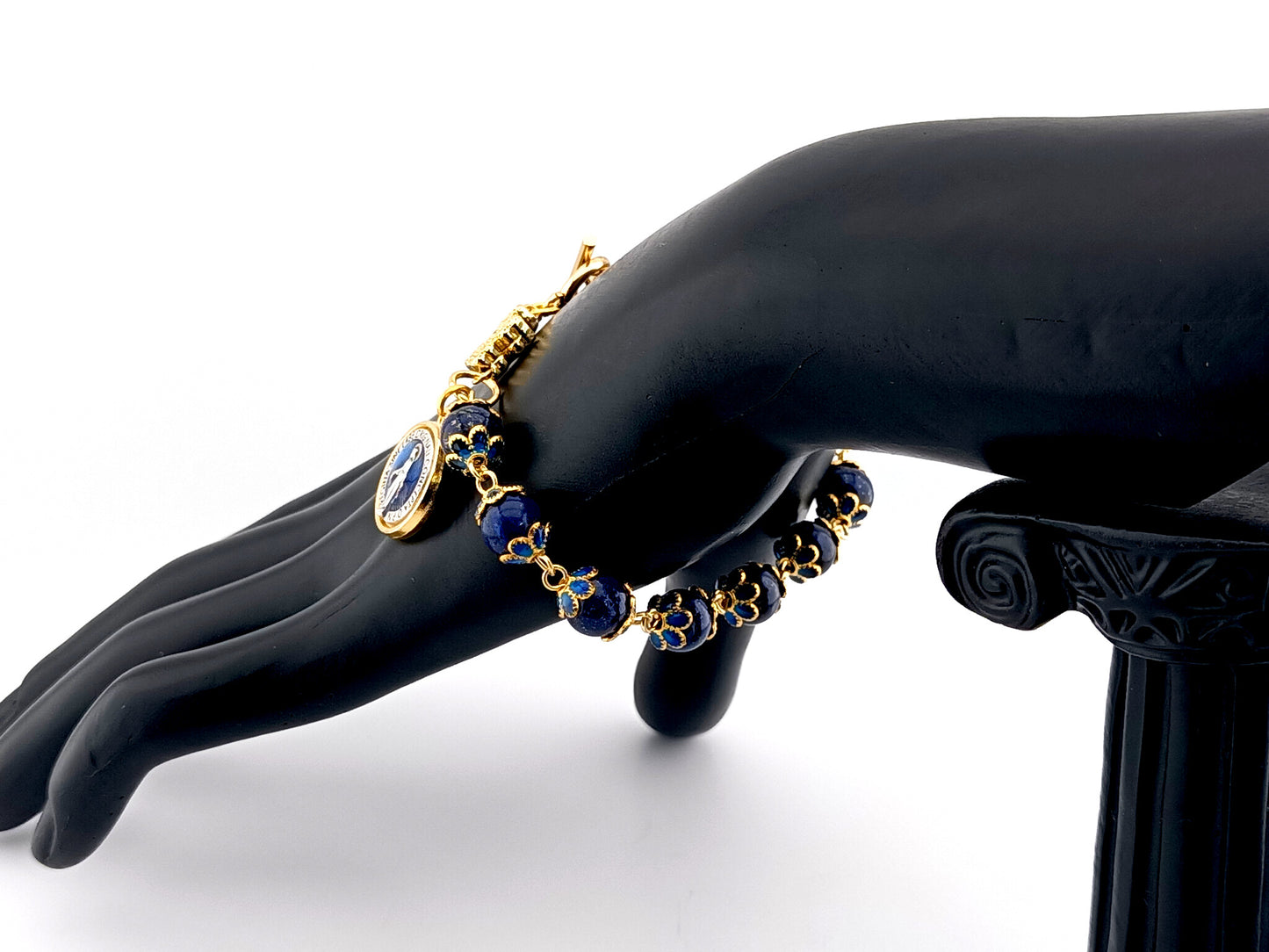 Miraculous medal unique rosary beads lapis lazuli gemstone single decade rosary bracelet with gold plated cubic zirconia cross.