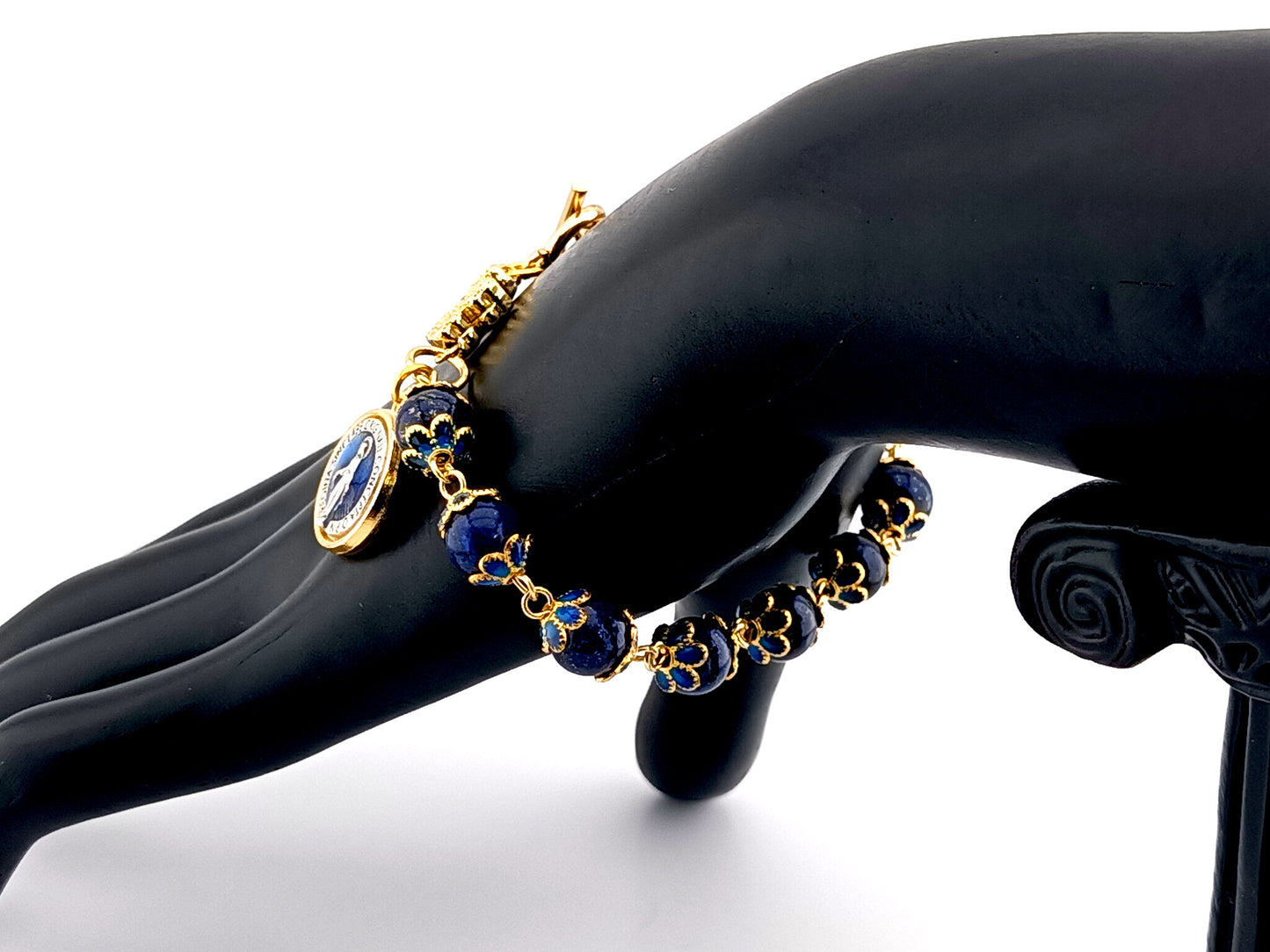 Miraculous medal unique rosary beads lapis lazuli gemstone single decade rosary bracelet with gold plated cubic zirconia cross.