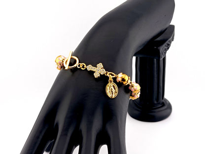 Miraculous medal unique rosary beads gold plated hematite gemstone single decade rosary bracelet with gold plated cubic zirconia cross.