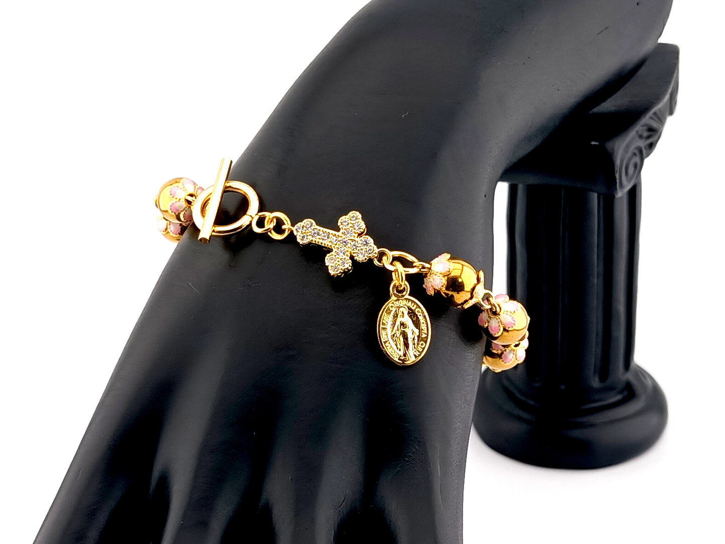 Miraculous medal unique rosary beads gold plated hematite gemstone single decade rosary bracelet with gold plated cubic zirconia cross.