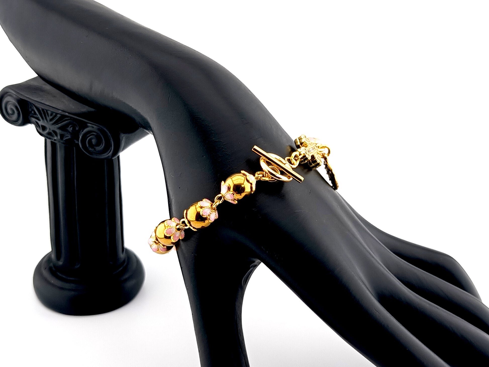 Miraculous medal unique rosary beads gold plated hematite gemstone single decade rosary bracelet with gold plated cubic zirconia cross.