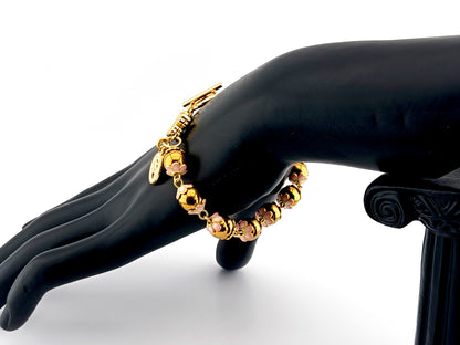 Miraculous medal unique rosary beads gold plated hematite gemstone single decade rosary bracelet with gold plated cubic zirconia cross.