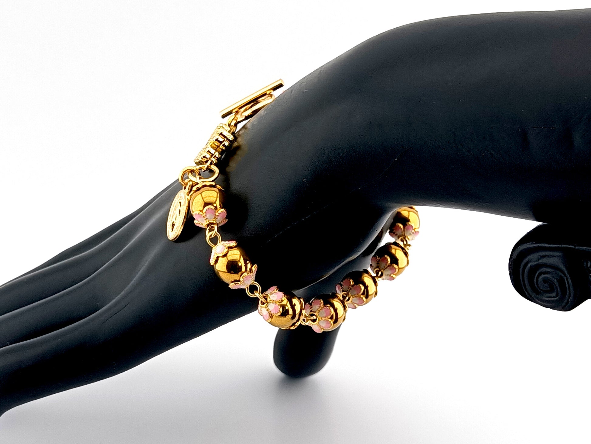 Miraculous medal unique rosary beads gold plated hematite gemstone single decade rosary bracelet with gold plated cubic zirconia cross.