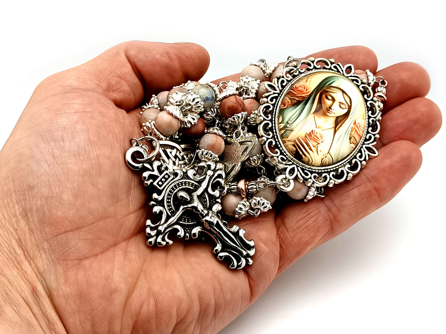 Our Lady with roses unique rosary beads rhodonite gemstone and Holy Trinity medals beads with stainless steel filigree crucifix.