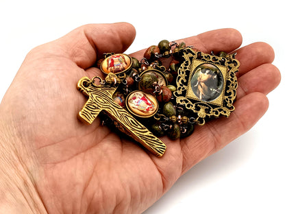 Saint Raphael unique rosary beads agate nugget gemstone and Saint Michael medal rosary with gold plated crucifix.