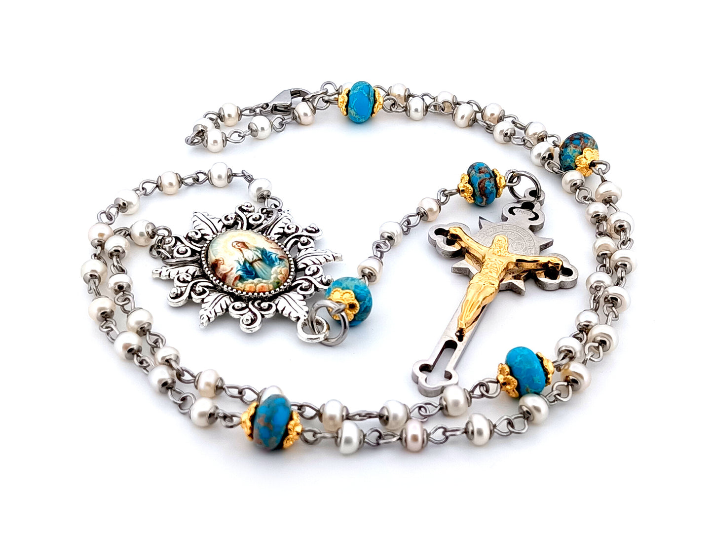 Our Lady Queen of Angels unique rosary beads pearl and gemstone rosary beads with stainless steel crucifix.