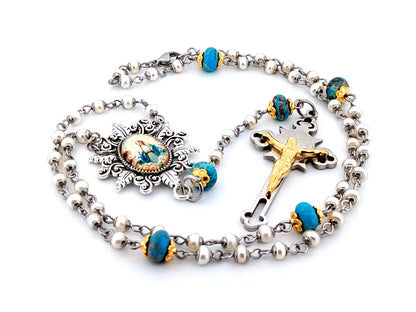 Our Lady Queen of Angels unique rosary beads pearl and gemstone rosary beads with stainless steel crucifix.