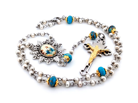 Our Lady Queen of Angels unique rosary beads pearl and gemstone rosary beads with stainless steel crucifix.