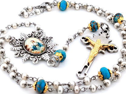 Our Lady Queen of Angels unique rosary beads pearl and gemstone rosary beads with stainless steel crucifix.