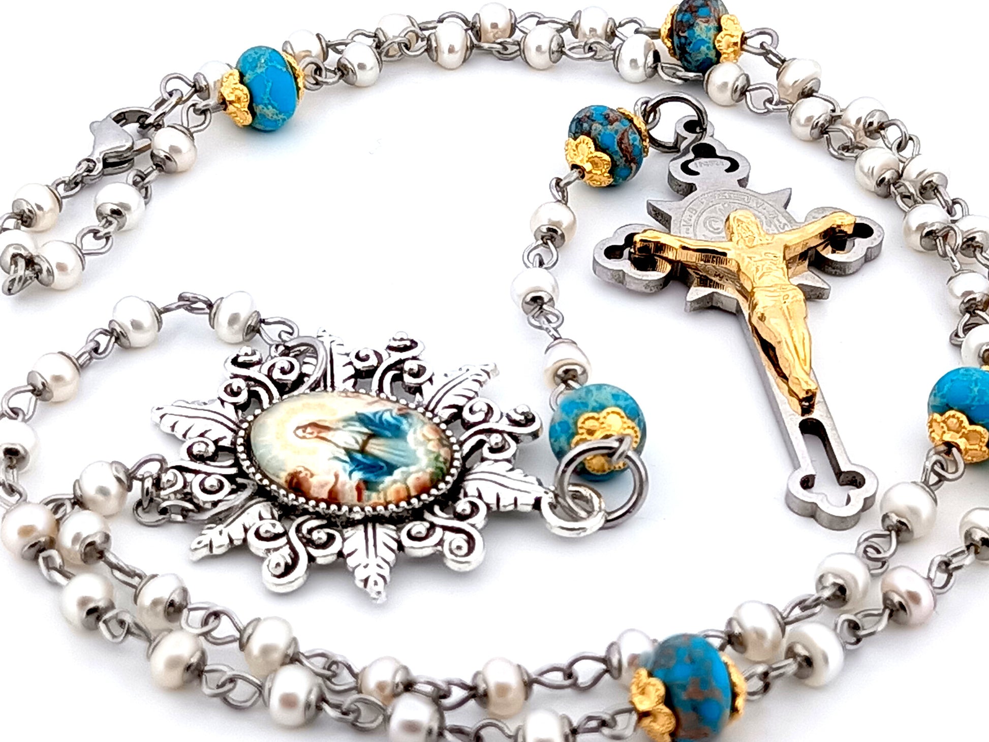 Our Lady Queen of Angels unique rosary beads pearl and gemstone rosary beads with stainless steel crucifix.