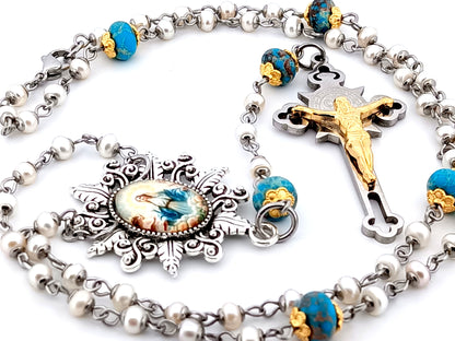 Our Lady Queen of Angels unique rosary beads pearl and gemstone rosary beads with stainless steel crucifix.