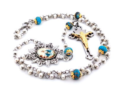 Our Lady Queen of Angels unique rosary beads pearl and gemstone rosary beads with stainless steel crucifix.