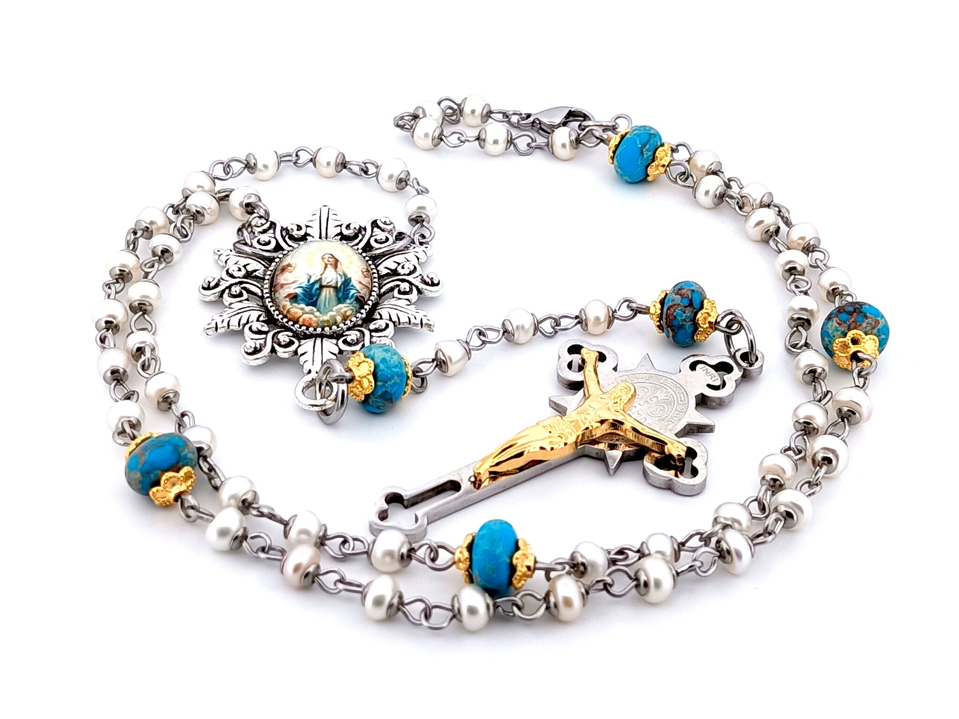 Our Lady Queen of Angels unique rosary beads pearl and gemstone rosary beads with stainless steel crucifix.