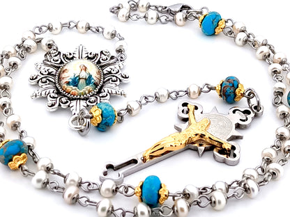 Our Lady Queen of Angels unique rosary beads pearl and gemstone rosary beads with stainless steel crucifix.