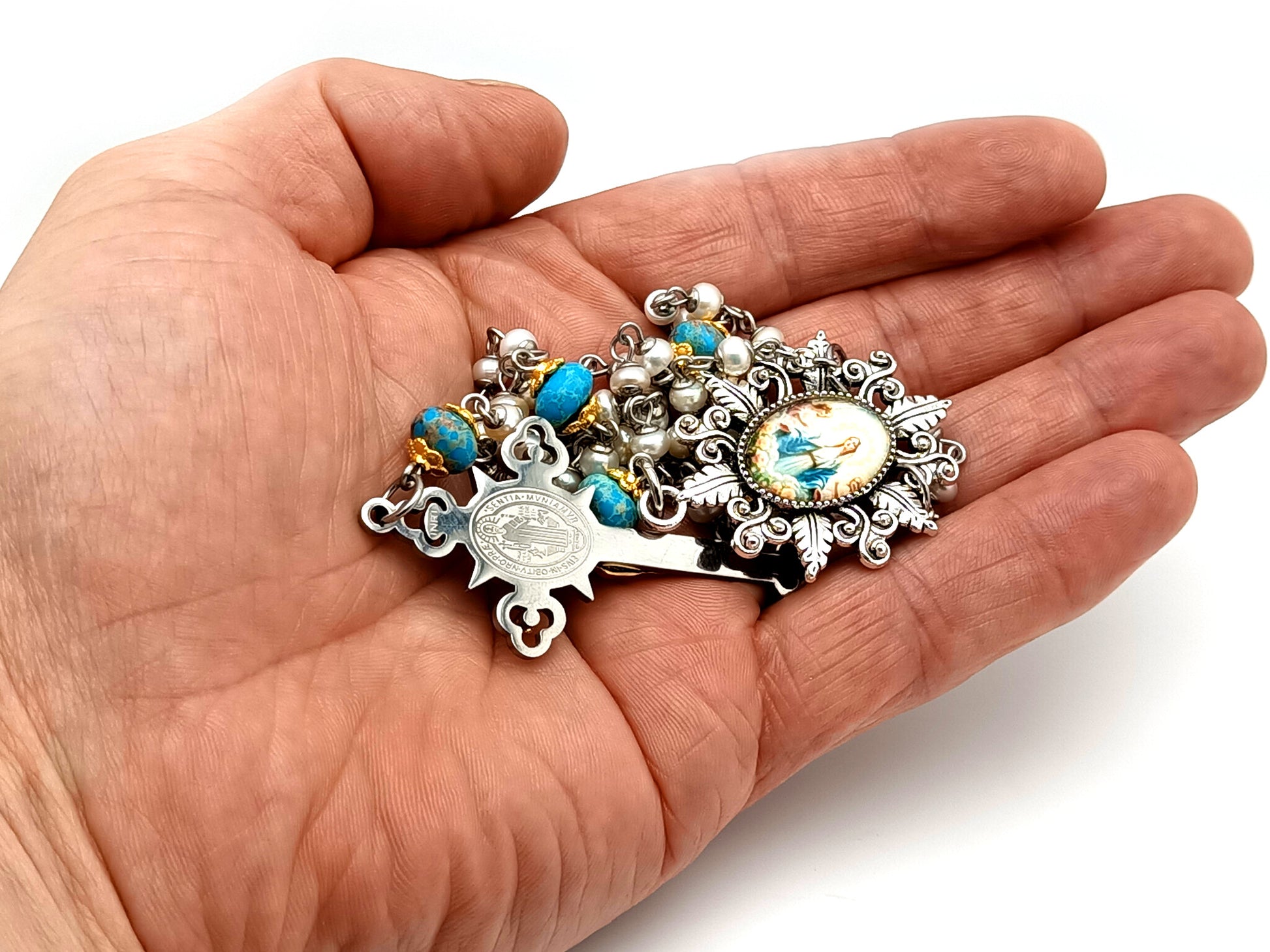 Our Lady Queen of Angels unique rosary beads pearl and gemstone rosary beads with stainless steel crucifix.