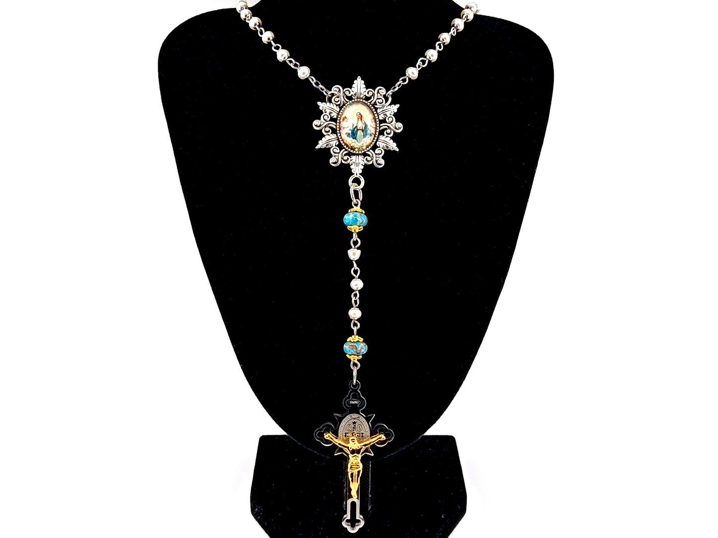 Our Lady Queen of Angels unique rosary beads pearl and gemstone rosary beads with stainless steel crucifix.