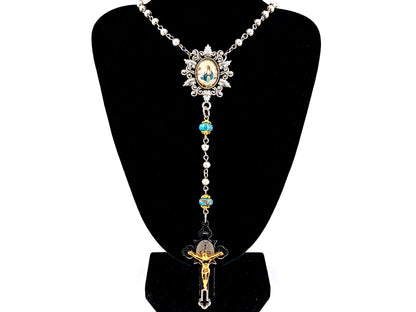 Our Lady Queen of Angels unique rosary beads pearl and gemstone rosary beads with stainless steel crucifix.