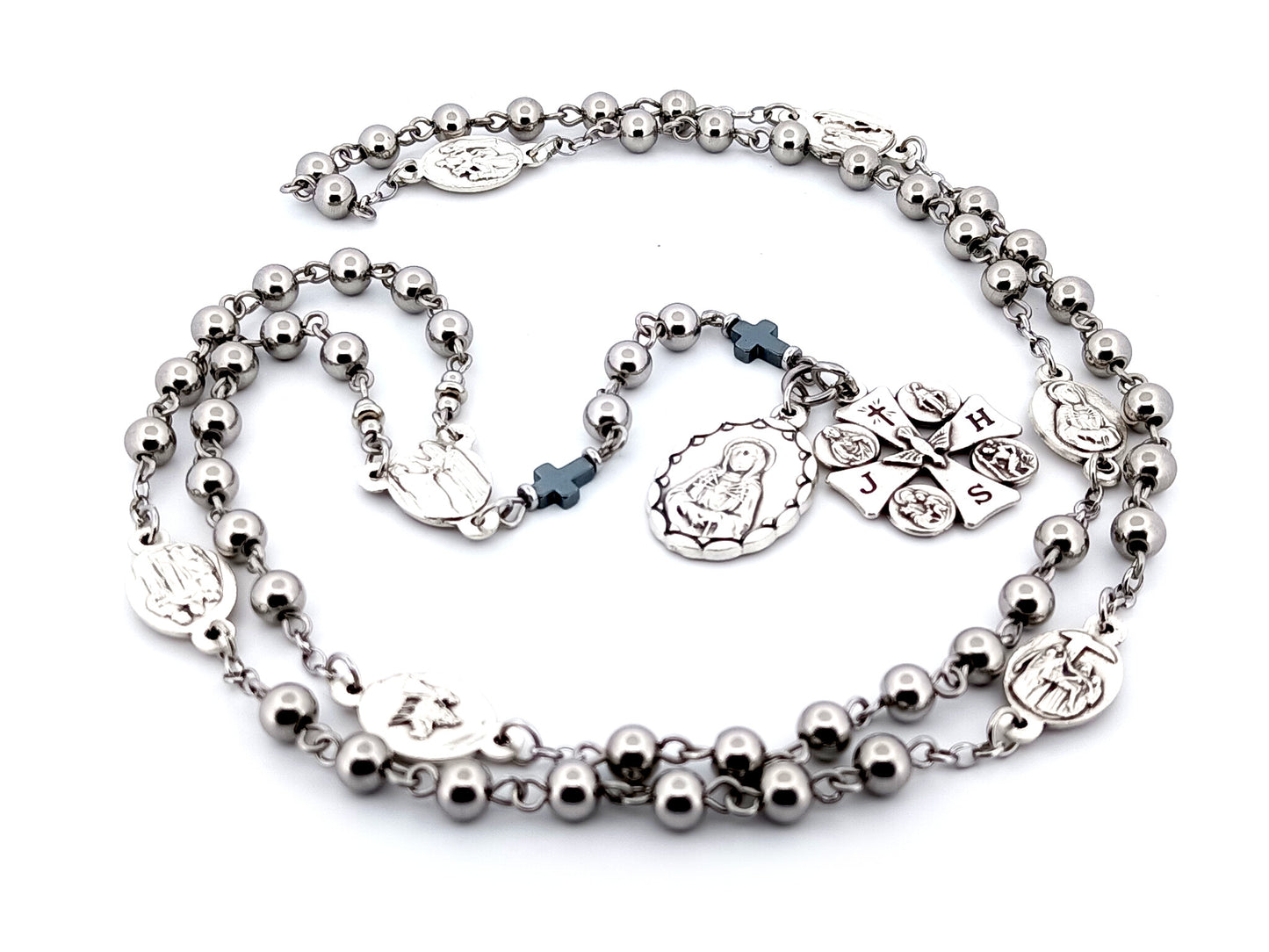 Our Lady of sorrows unique rosary beads stainless steel dolor rosary prayer chaplet with Maltese cross multi saint medal.