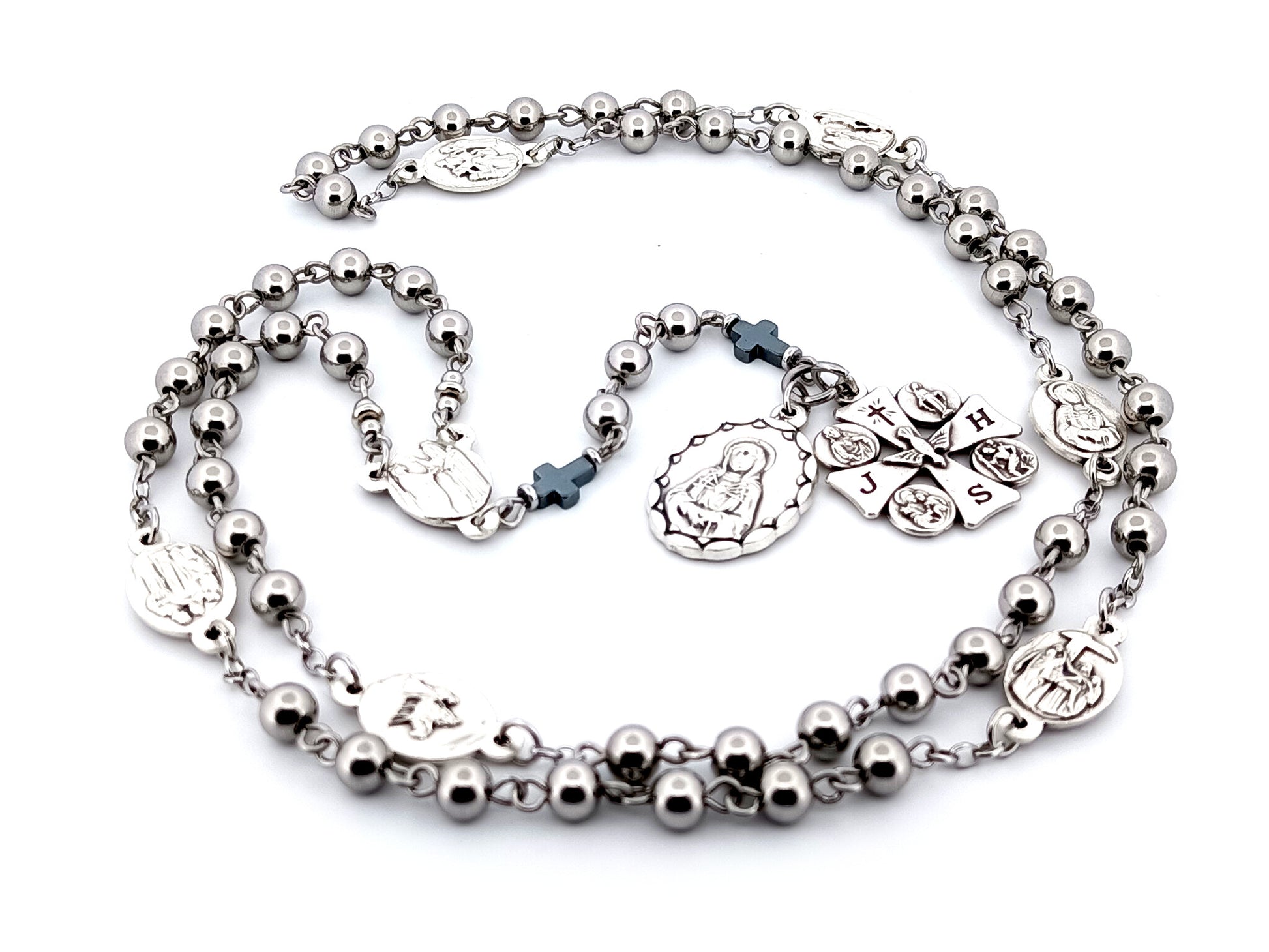 Our Lady of sorrows unique rosary beads stainless steel dolor rosary prayer chaplet with Maltese cross multi saint medal.