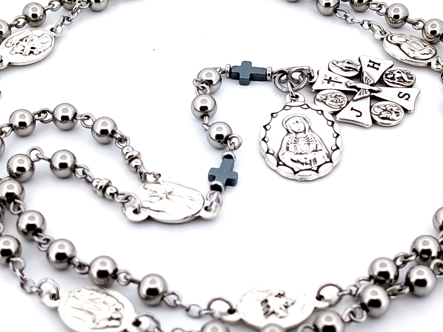 Our Lady of sorrows unique rosary beads stainless steel dolor rosary prayer chaplet with Maltese cross multi saint medal.