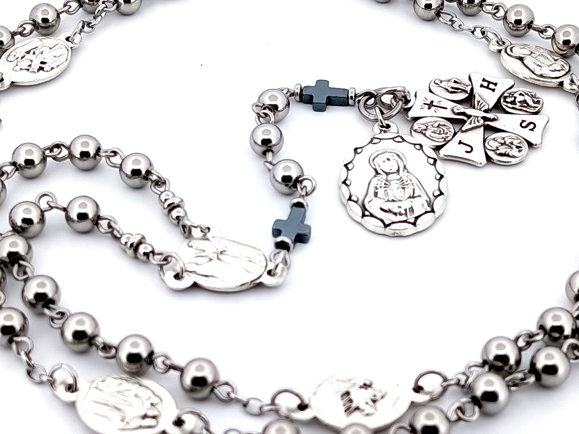 Our Lady of sorrows unique rosary beads stainless steel dolor rosary prayer chaplet with Maltese cross multi saint medal.