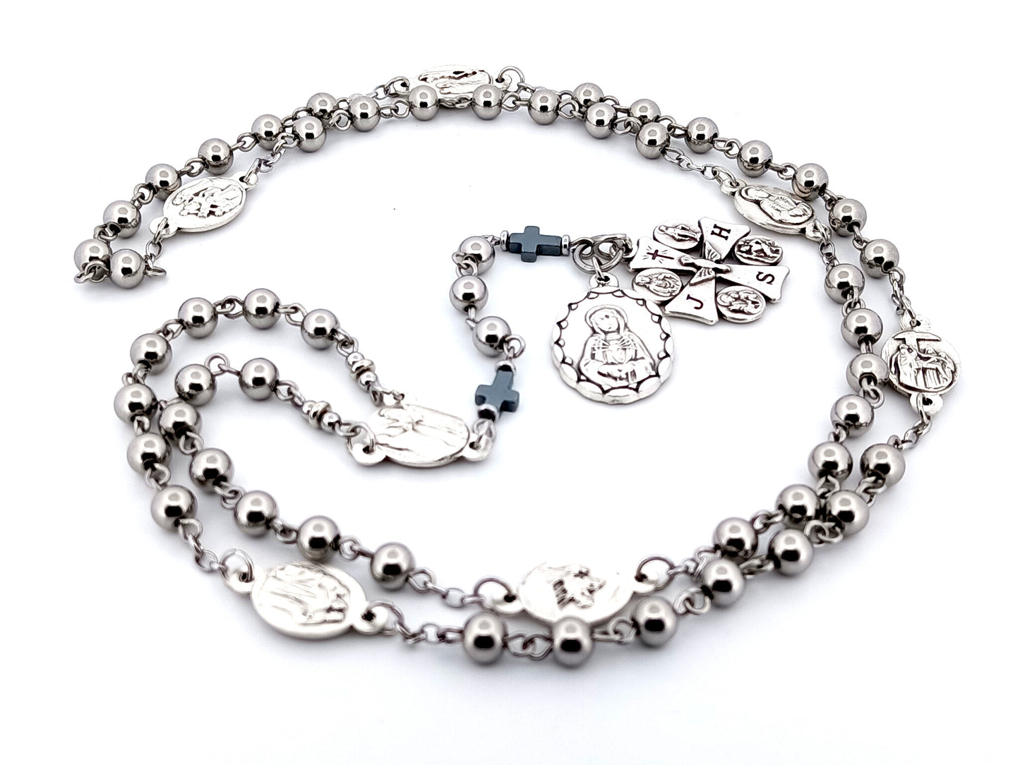 Our Lady of sorrows unique rosary beads stainless steel dolor rosary prayer chaplet with Maltese cross multi saint medal.