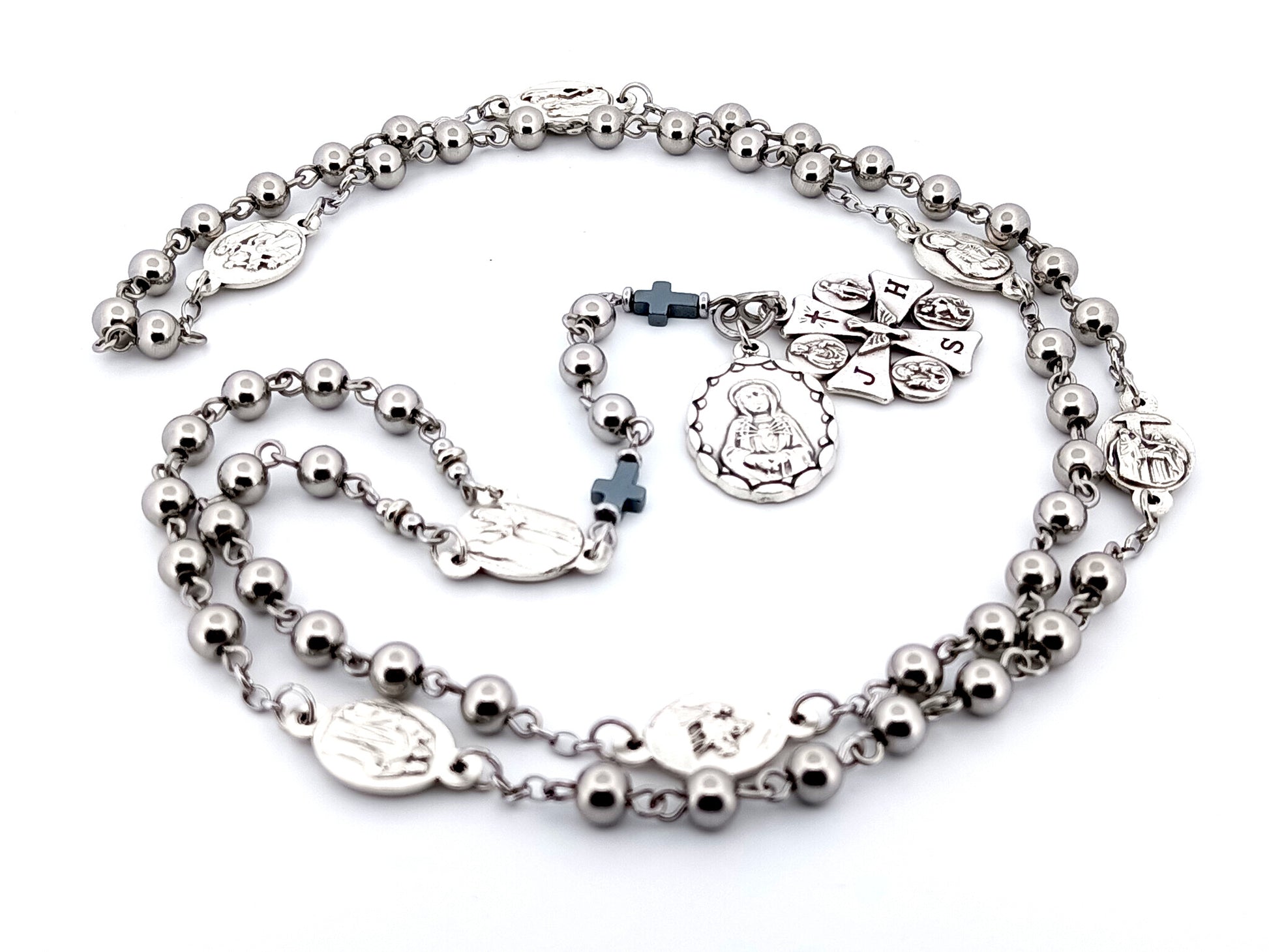 Our Lady of sorrows unique rosary beads stainless steel dolor rosary prayer chaplet with Maltese cross multi saint medal.