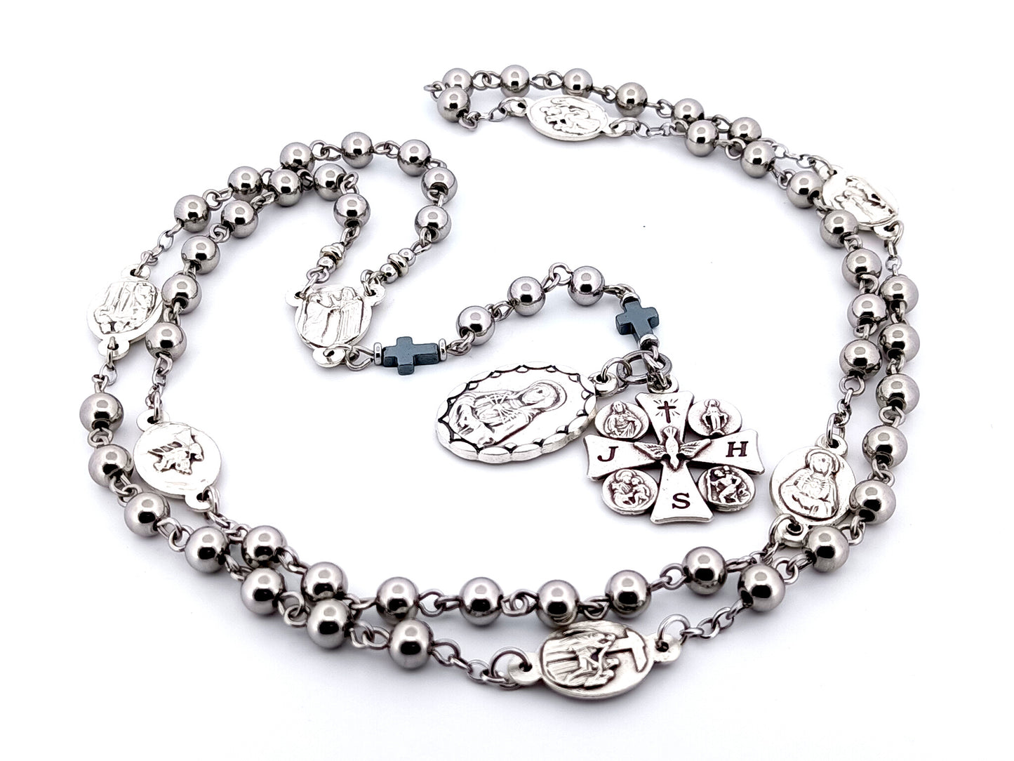 Our Lady of sorrows unique rosary beads stainless steel dolor rosary prayer chaplet with Maltese cross multi saint medal.