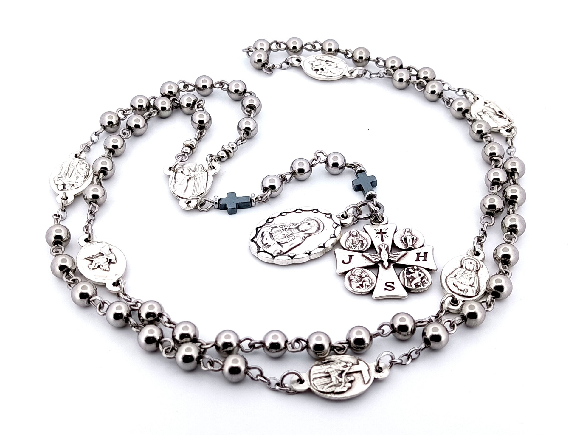 Our Lady of sorrows unique rosary beads stainless steel dolor rosary prayer chaplet with Maltese cross multi saint medal.