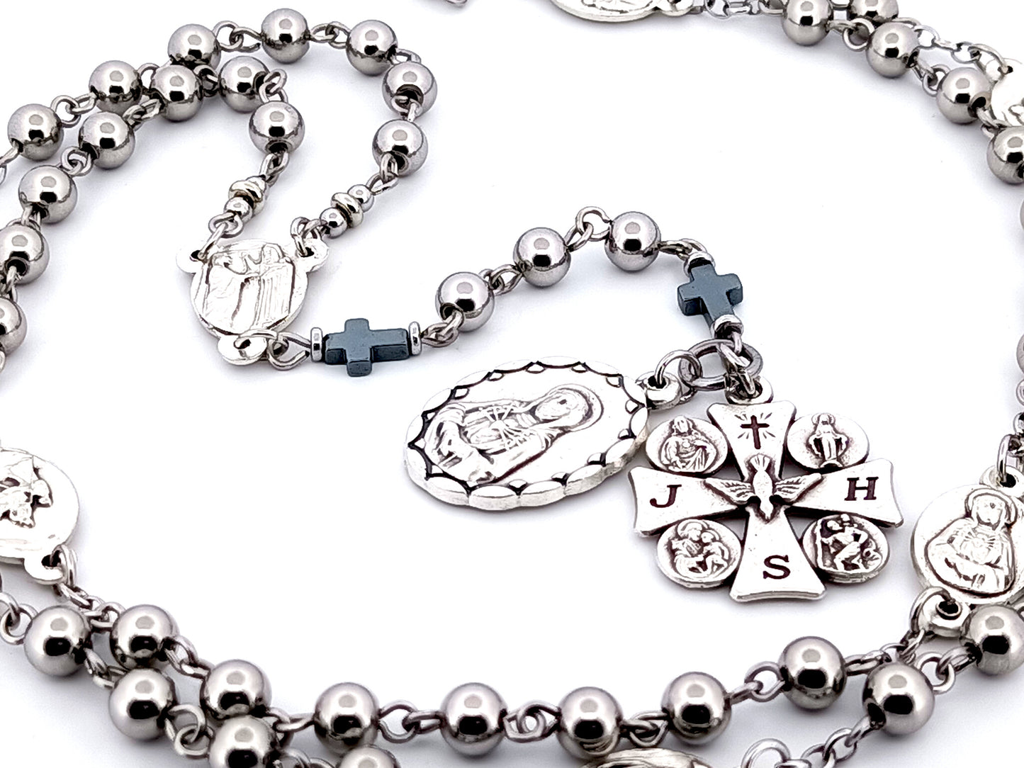 Our Lady of sorrows unique rosary beads stainless steel dolor rosary prayer chaplet with Maltese cross multi saint medal.