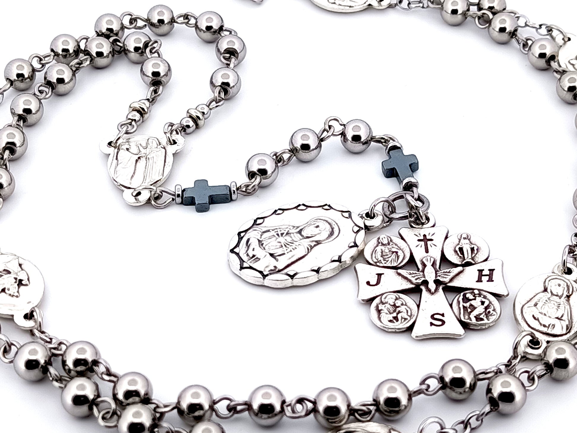 Our Lady of sorrows unique rosary beads stainless steel dolor rosary prayer chaplet with Maltese cross multi saint medal.