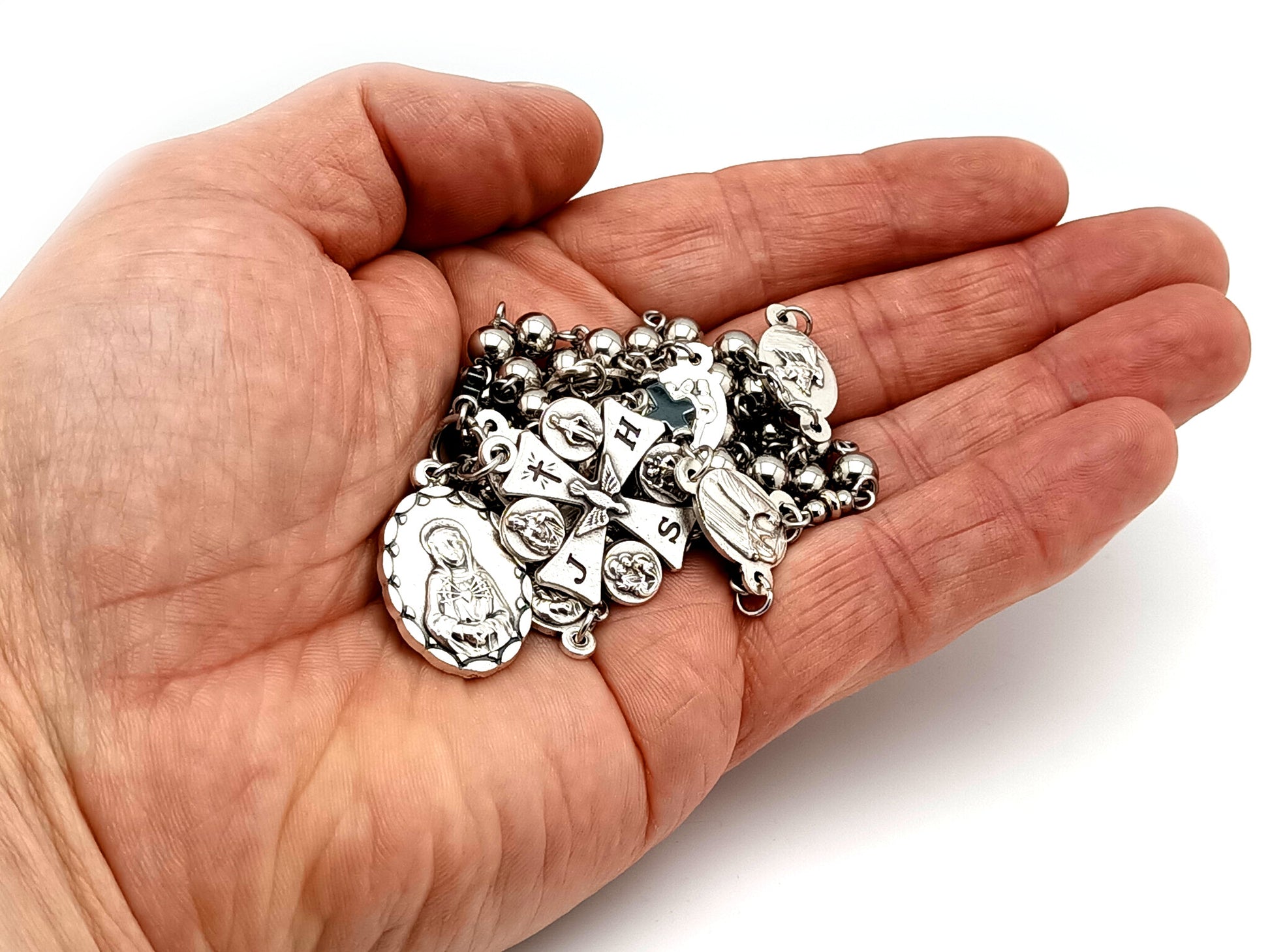 Our Lady of sorrows unique rosary beads stainless steel dolor rosary prayer chaplet with Maltese cross multi saint medal.