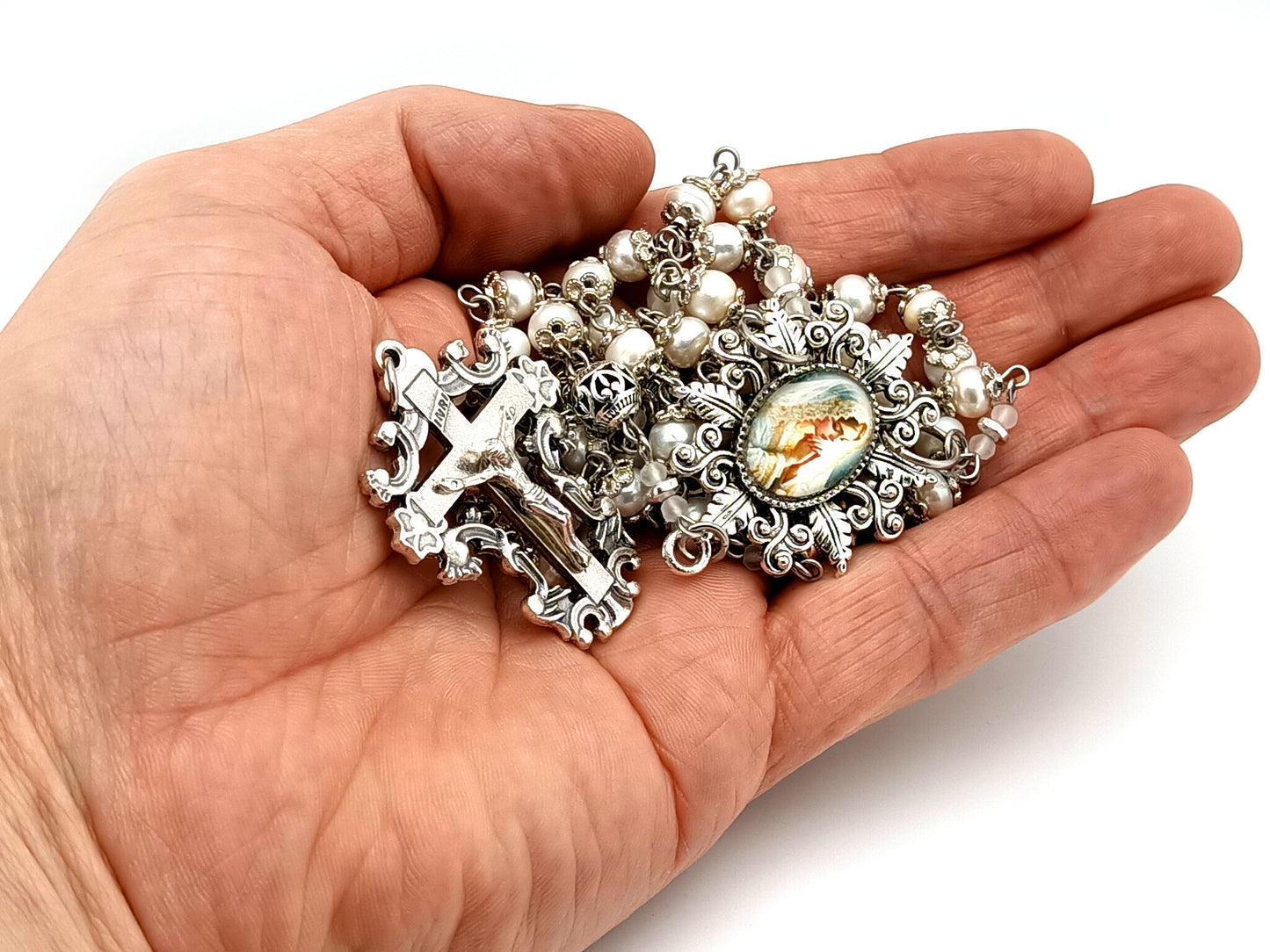 Virgin Mary bride unique rosary beads freshwater pearl and silver Bali bead rosary with filigree crucifix.