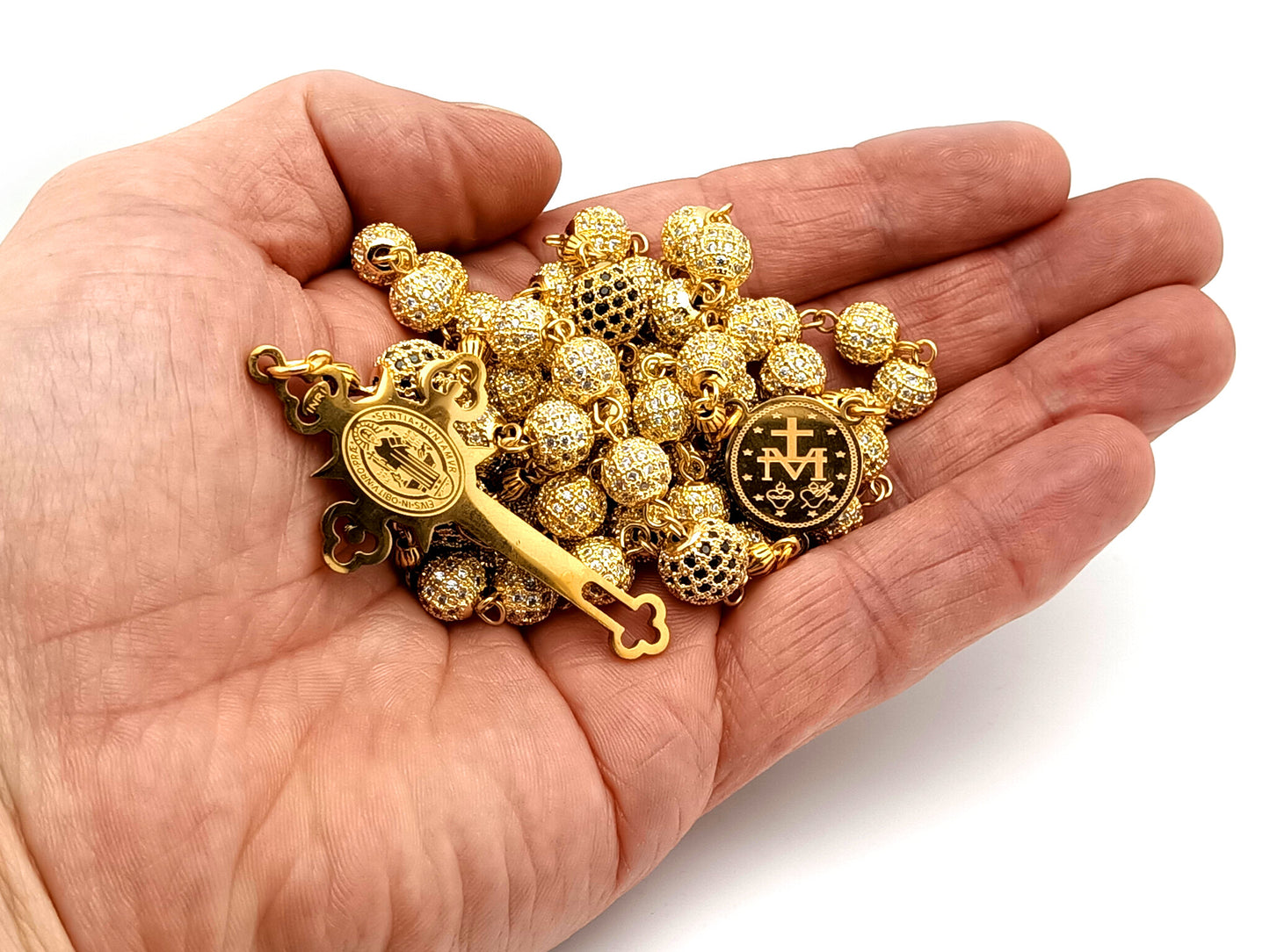 Miraculous Medal unique rosary beads 18K gold plated cubic zirconia rosary with gold plated Saint Benedict crucifix.