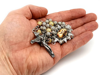 Immaculate Heart of Mary unique rosary beads platinum and 18K gold plated cubic zirconia rosary with stainless steel crucifix.