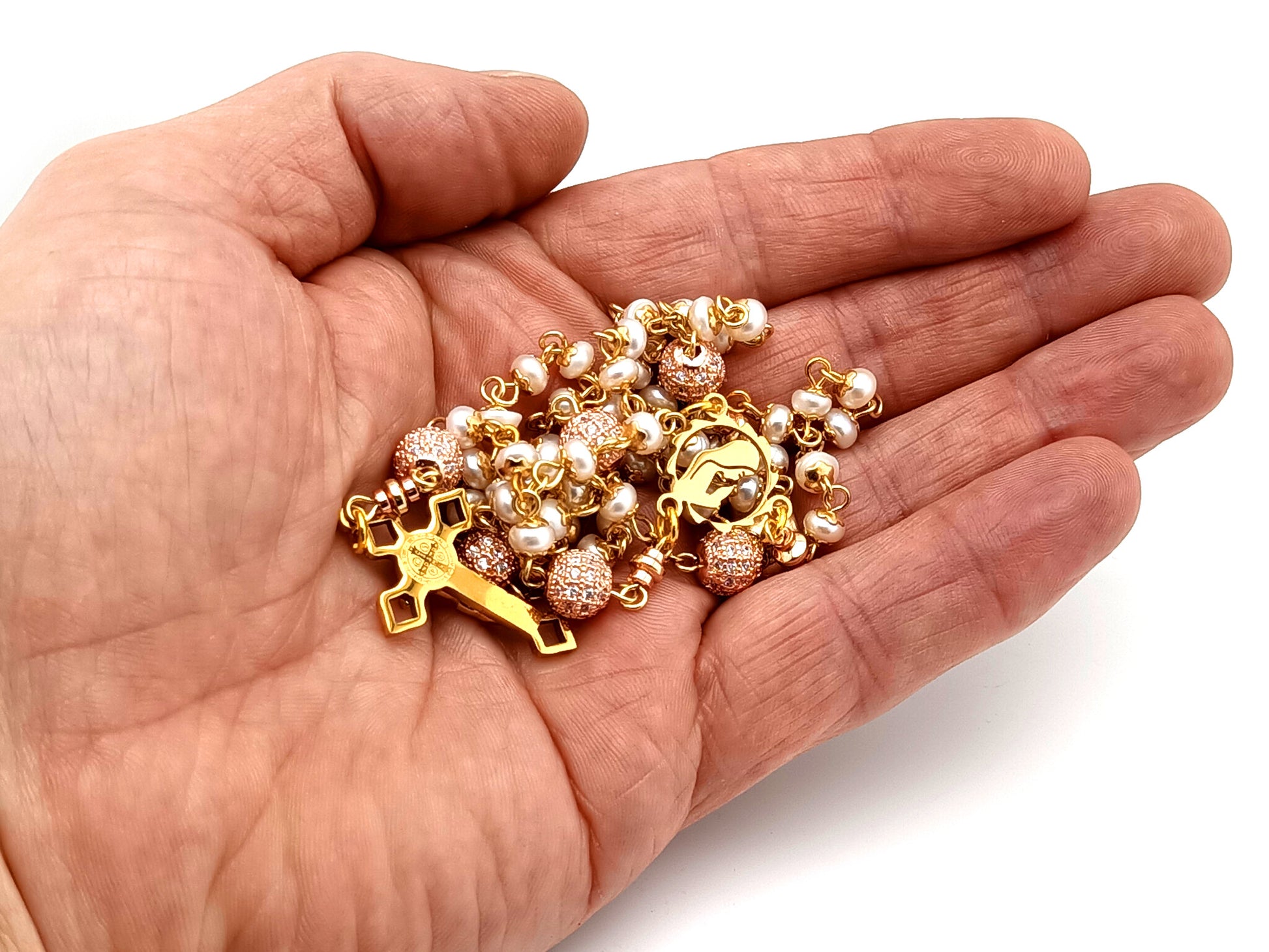 Virgin Mary unique rosary beads freshwater pearl and cubic zirconia rosary with gold plated Saint Benedict crucifix.