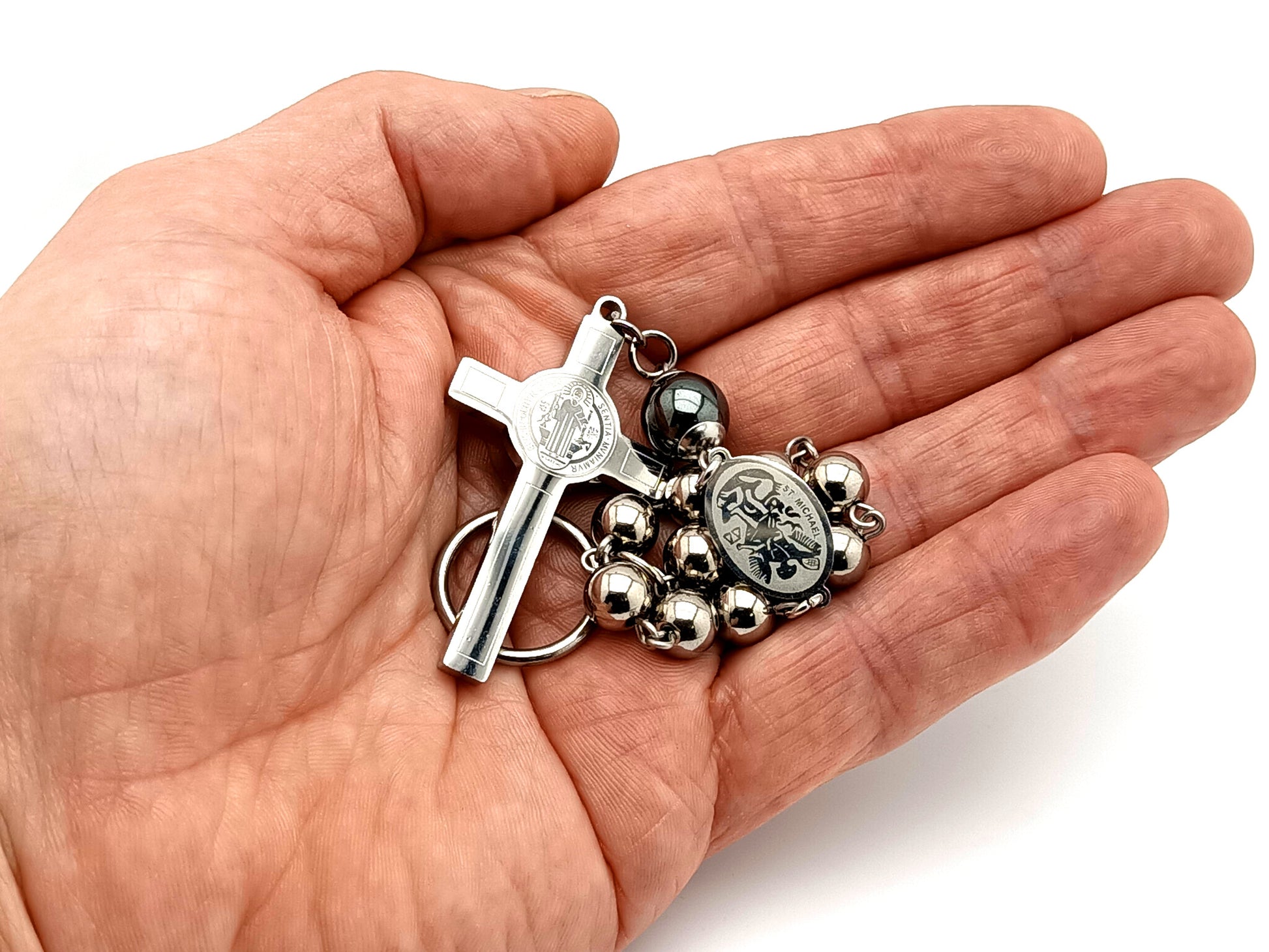 Saint Michael unique rosary beads stainless steel single decade rosary beads with stainless steel Saint Benedict crucifix.