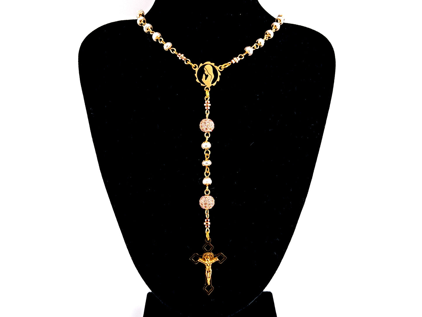 Virgin Mary unique rosary beads freshwater pearl and cubic zirconia rosary with gold plated Saint Benedict crucifix.