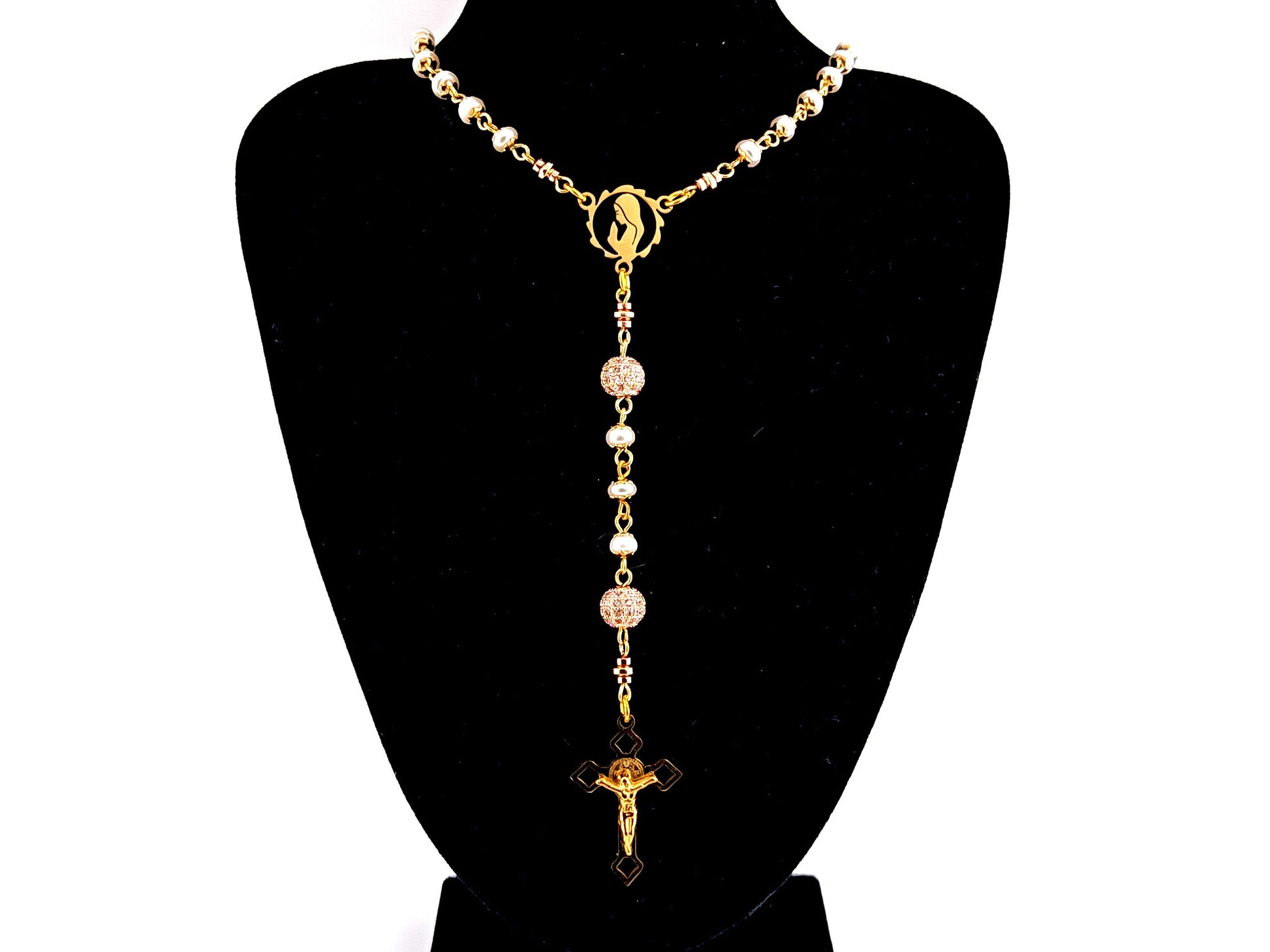 Virgin Mary unique rosary beads freshwater pearl and cubic zirconia rosary with gold plated Saint Benedict crucifix.