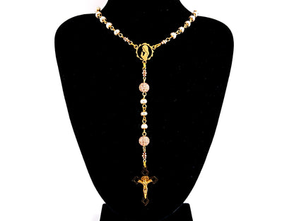 Virgin Mary unique rosary beads freshwater pearl and cubic zirconia rosary with gold plated Saint Benedict crucifix.