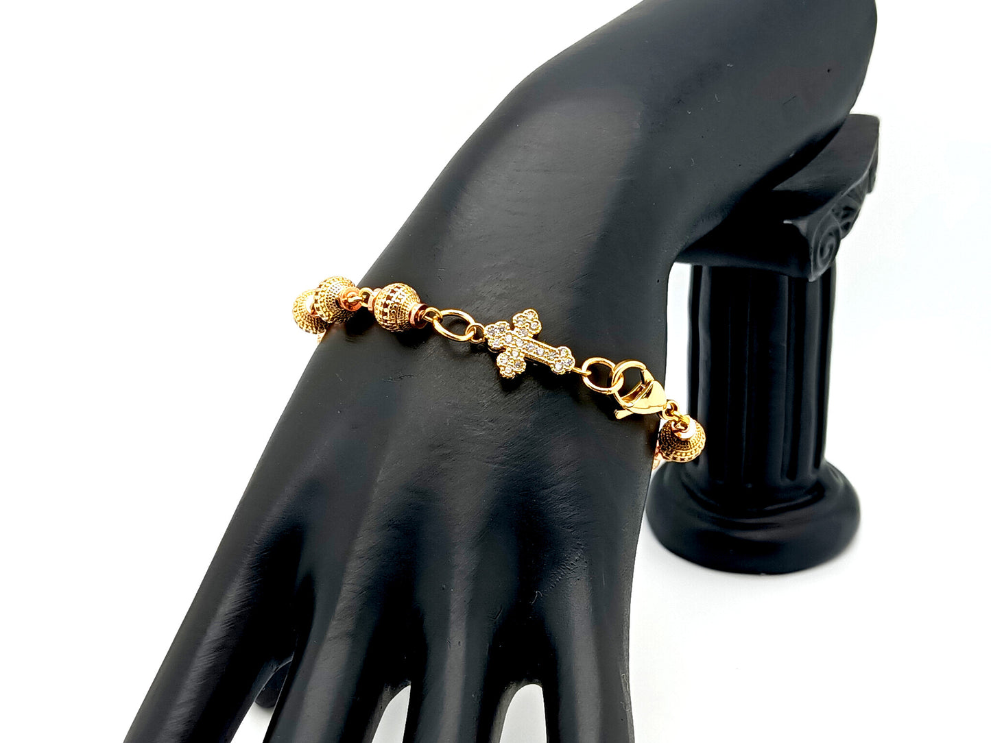 Unique rosary beads Cubic Zirconia 18K gold plated single decade rosary bracelet with gold plated cubic zirconia cross.