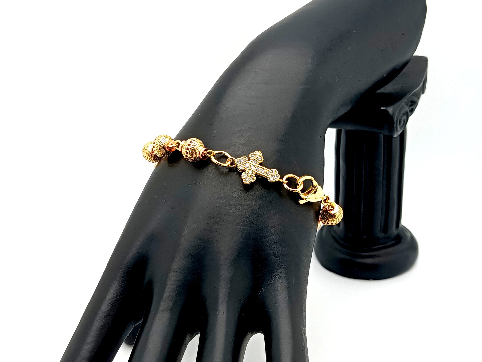 Unique rosary beads Cubic Zirconia 18K gold plated single decade rosary bracelet with gold plated cubic zirconia cross.