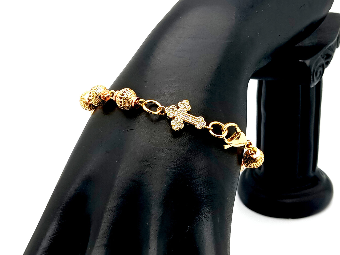 Unique rosary beads Cubic Zirconia 18K gold plated single decade rosary bracelet with gold plated cubic zirconia cross.