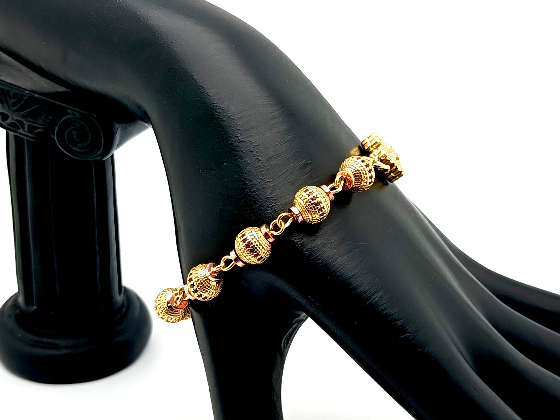 Unique rosary beads Cubic Zirconia 18K gold plated single decade rosary bracelet with gold plated cubic zirconia cross.