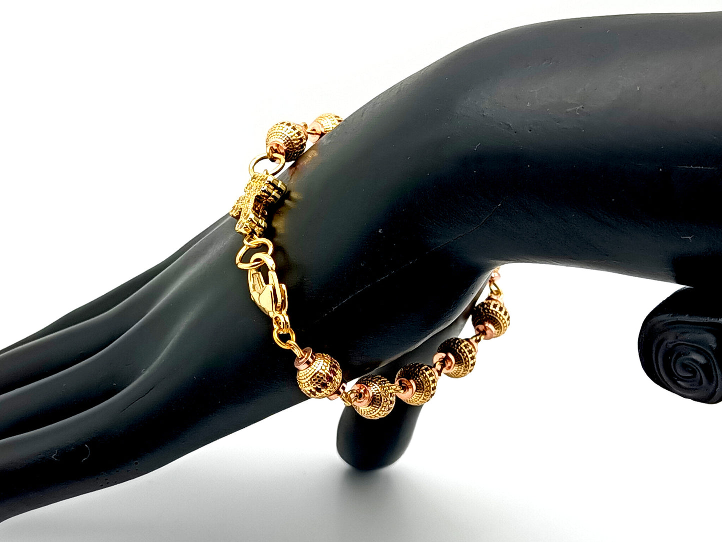 Unique rosary beads Cubic Zirconia 18K gold plated single decade rosary bracelet with gold plated cubic zirconia cross.