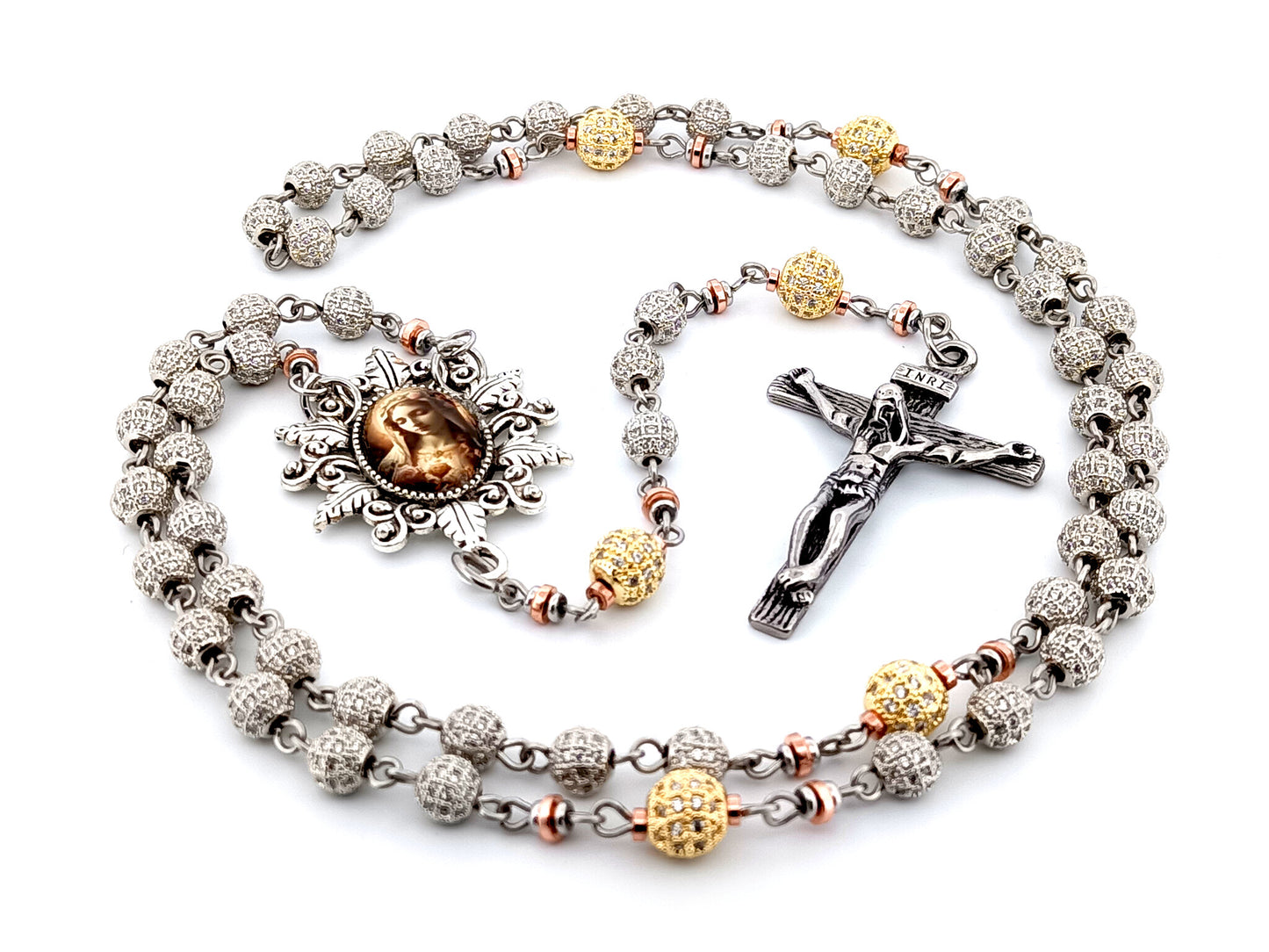 Immaculate Heart of Mary unique rosary beads platinum and 18K gold plated cubic zirconia rosary with stainless steel crucifix.