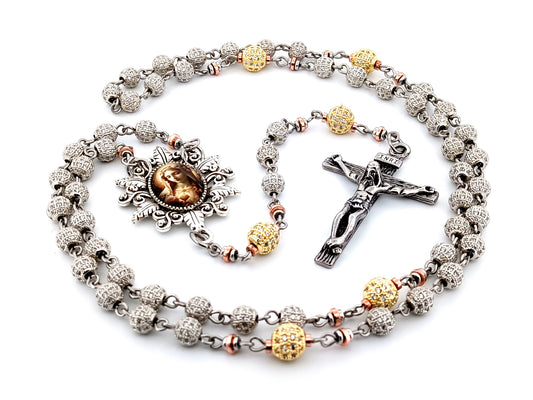 Immaculate Heart of Mary unique rosary beads platinum and 18K gold plated cubic zirconia rosary with stainless steel crucifix.