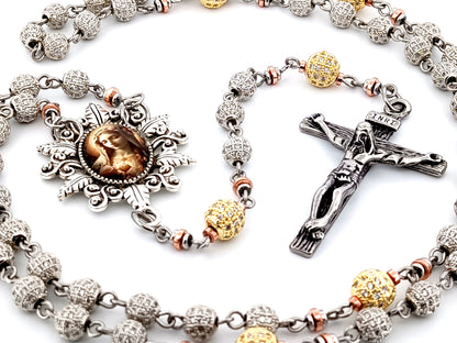 Immaculate Heart of Mary unique rosary beads platinum and 18K gold plated cubic zirconia rosary with stainless steel crucifix.