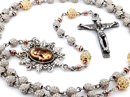 Immaculate Heart of Mary unique rosary beads platinum and 18K gold plated cubic zirconia rosary with stainless steel crucifix.