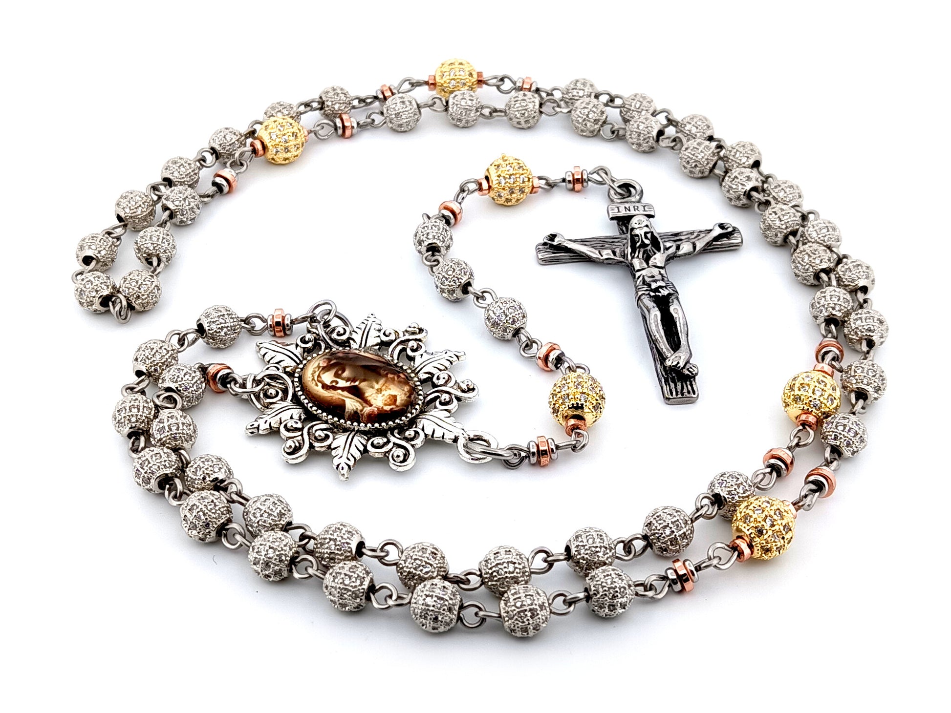 Immaculate Heart of Mary unique rosary beads platinum and 18K gold plated cubic zirconia rosary with stainless steel crucifix.
